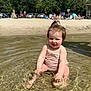toddler, child, water, splashing, beach, sand, sunny, smiling, happy, summer, outdoor, nature, trees, people, cars, swimsuit, hair, playful, recreation, vacation