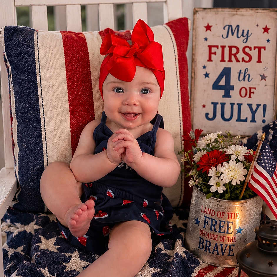 Jacey joined the competition — help win amazing prizes! baby, child, red_bow, chair, american_flag, blanket, flowers, lantern, patriotic, celebration, holiday, decorations, sign, smile, indoors, portrait, cute, festive, fourth_of_july, happy