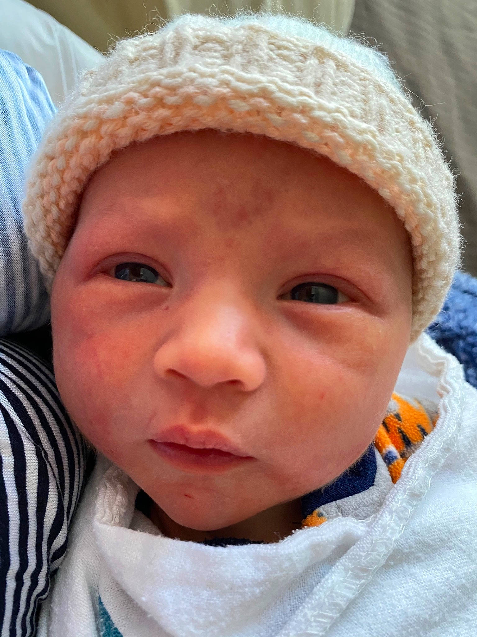 Everett is registered to the contest to win money with this photo: baby, cap, cheek, child, chin, close_up, comfort, eye, eyebrow, happy, headgear, headwear, iris, lip, nose, person, skin, sleeve, smile, textile