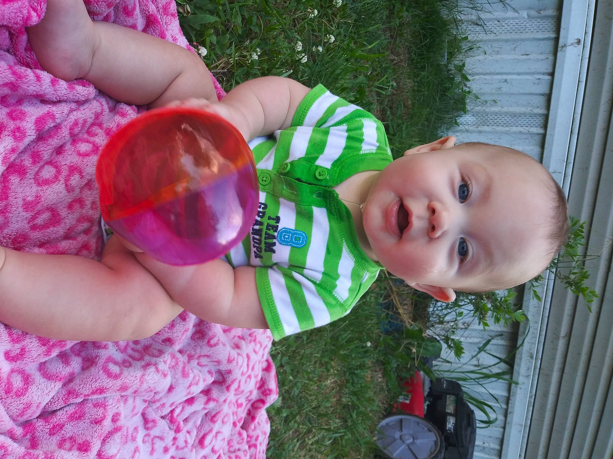 Khai is registered to the contest to win money with this photo: baby, baby_products, child, fun, grass, person, pink, play, product, toddler