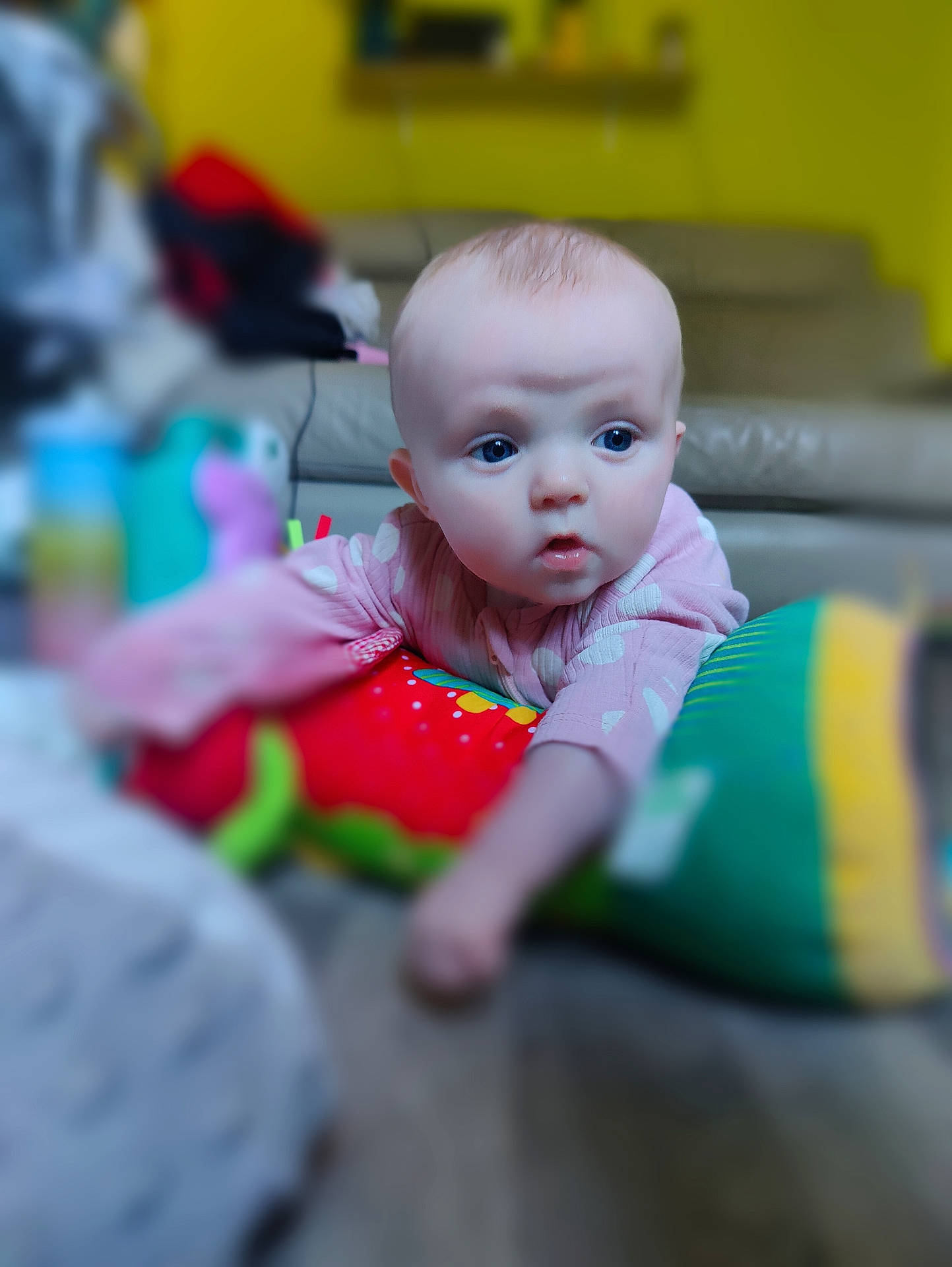 baby, bodypart, boy, child, clothing, couch, crawling, doll, dress, face, finger, furniture, hand, head, male, person, photography, portrait, sitting, toy