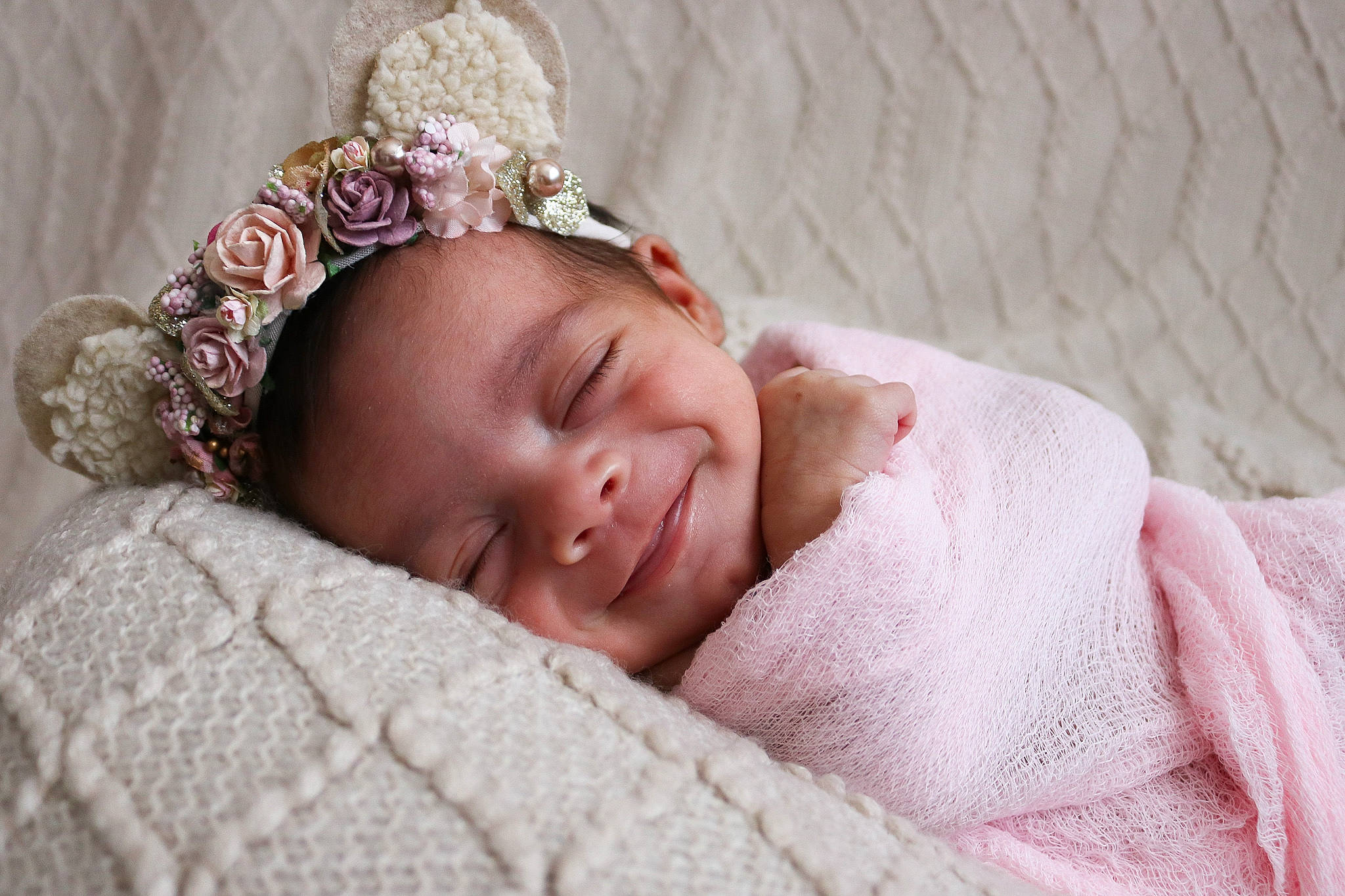 Zahra joined the competition — help win amazing prizes! baby, baby_sleeping, baby_toddler_clothing, cheek, child, chin, comfort, eye, eyebrow, eyelash, fashion_accessory, head, headband, headpiece, jewellery, joy, linens, person, pink, skin