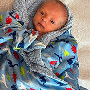 Maverick joined the competition — help win amazing prizes! baby, infant, blanket, blue, dinosaur_pattern, wrapped, newborn, face, eyes, soft, bed, resting, cute, child, portrait, warm, cozy, clothing, lying, fabric