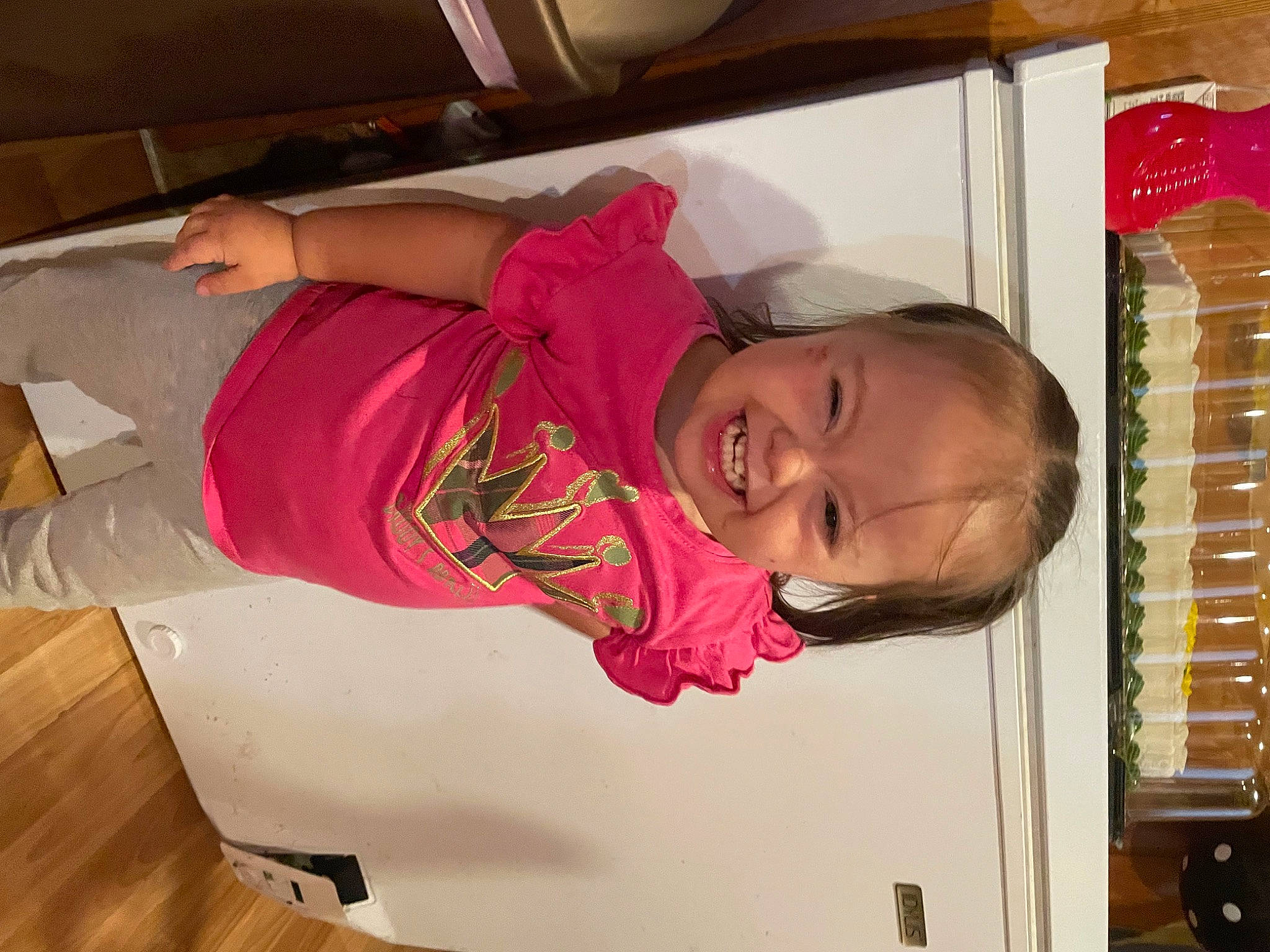 Carmella is registered to the contest to win money with this photo: baby, baby_products, baby_toddler_clothing, child, comfort, flooring, fun, happy, hardwood, person, pink, room, sleeve, t_shirt, toddler, varnish, wood, wood_flooring, wood_stain