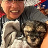 basket, casual, closeup, cozy, cute, dog, face, flag, flowers, glasses, happy, holding, home, indoor, person, portrait, puppy, smile, towel, wet_fur