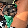 Aeris joined the competition — help win amazing prizes! puppy, dog, person, glasses, car_interior, seatbelt, blanket, arm, watch, window, sunlight, backseat, phone, closeup, cute, pet, resting, cozy, indoor, portrait