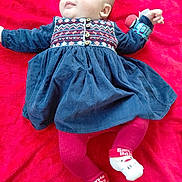 Brooke-Star joined the competition — help win amazing prizes! baby, infant, dress, blue_dress, red_blanket, socks, lying_down, cute, child, portrait, happy, smiling, face, head, skin, person, holiday, christmas, cozy, indoor