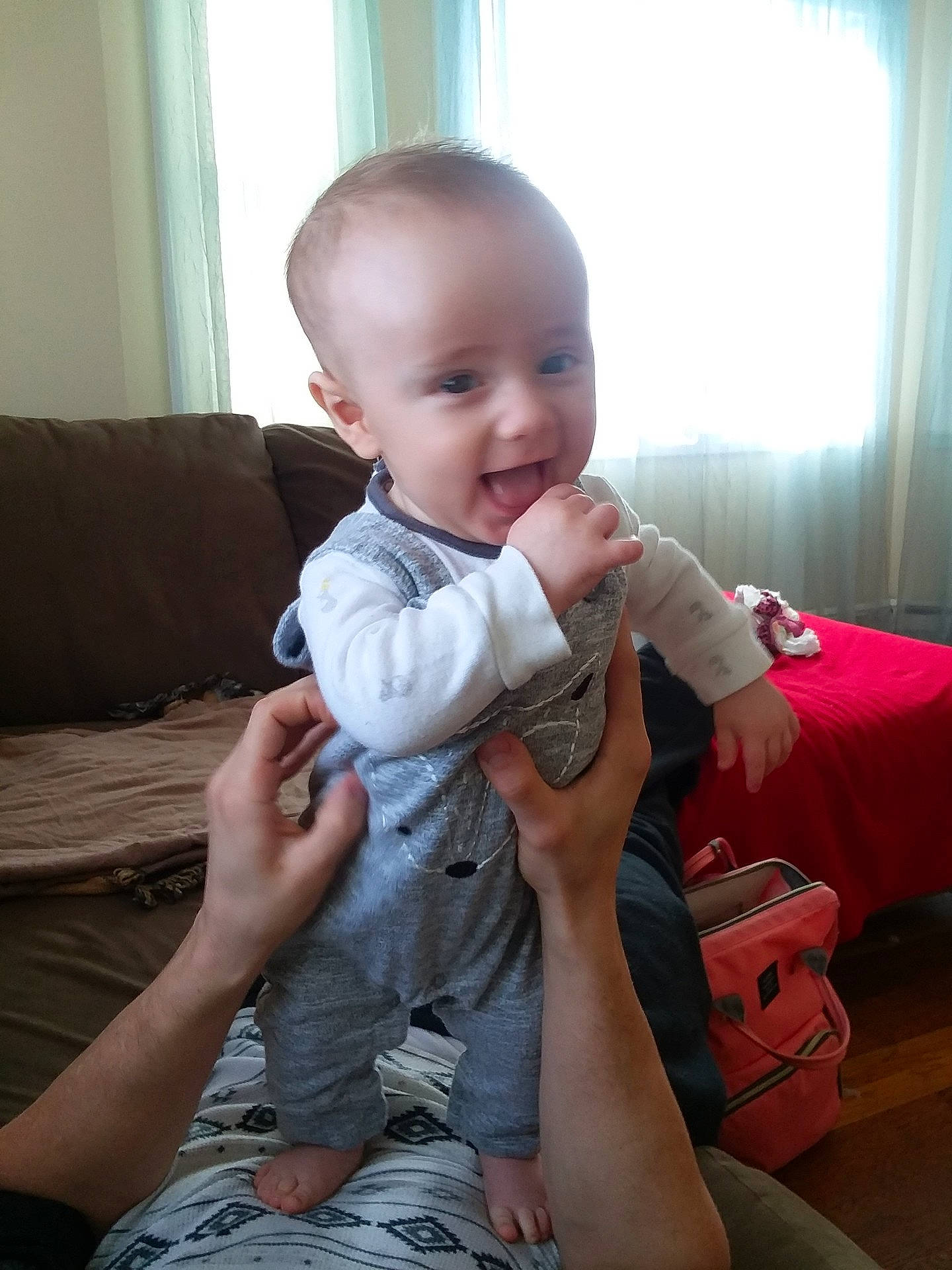 Wyatt is registered to the contest to win money with this photo: abdomen, arm, baby_products, child, day, ear, eye, finger, fun, girl, infant, leg, person, product, sitting, skin, smile, textile, toddler, trunk