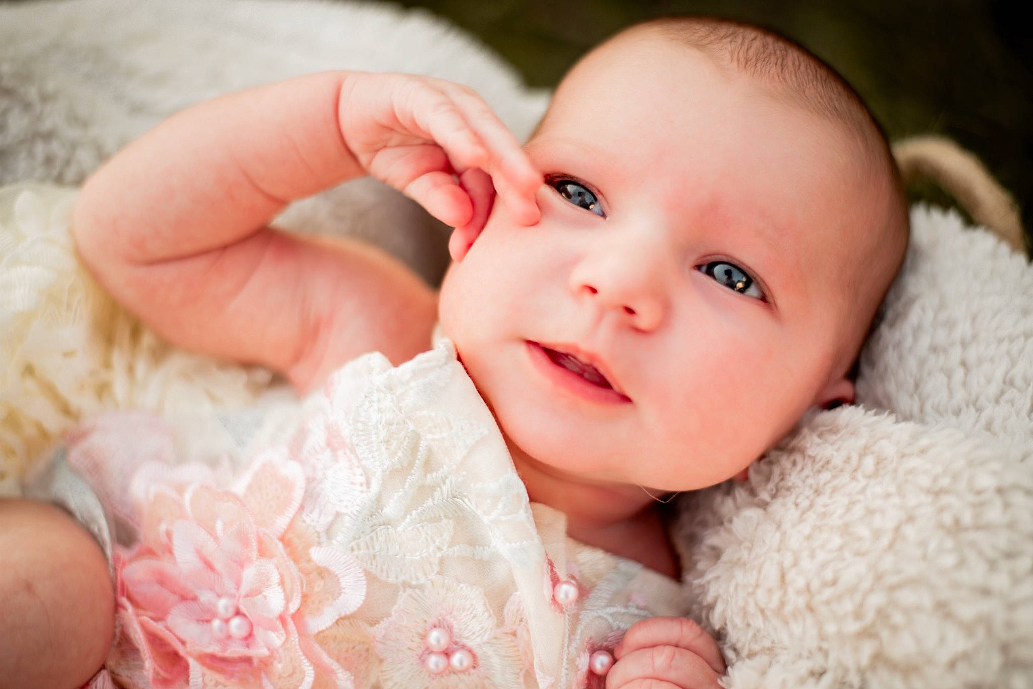Magnolia is registered to the contest to win money with this photo: baby, baby_toddler_clothing, cheek, eyelash, finger, flash_photography, gesture, happy, headgear, human, iris, lip, nail, nose, person, pink, skin, smile, thumb, toddler