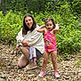Cora joined the competition — help win amazing prizes! child, woman, outdoor, forest, rocks, riverbank, greenery, swimsuit, pink_shoes, smile, nature, water, plants, summer, family, playful, happy, crouching, person, adventure