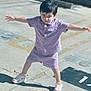 Fateh is registered to the contest to win money with this photo: child, boy, purple_clothing, shorts, shirt, sneakers, outdoor, daylight, concrete, shadow, pose, playful, young, casual, footwear, person, expression, sunny, sidewalk, street