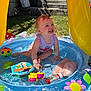 Noëlya participe au concours pour gagner de l'argent avec cette photo : toddler, child, pool, inflatable_pool, water, toys, slide, outdoor, grass, sunlight, smiling, baby, swimwear, play, happy, summer, backyard, steps, colorful, flower_pattern