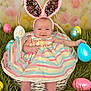 Vanessa is registered to the contest to win money with this photo: baby, balloon, basket, clothing, dress, easteregg, egg, face, food, grass, hat, head, newborn, people, person, photography, plant, portrait, purple, sitting