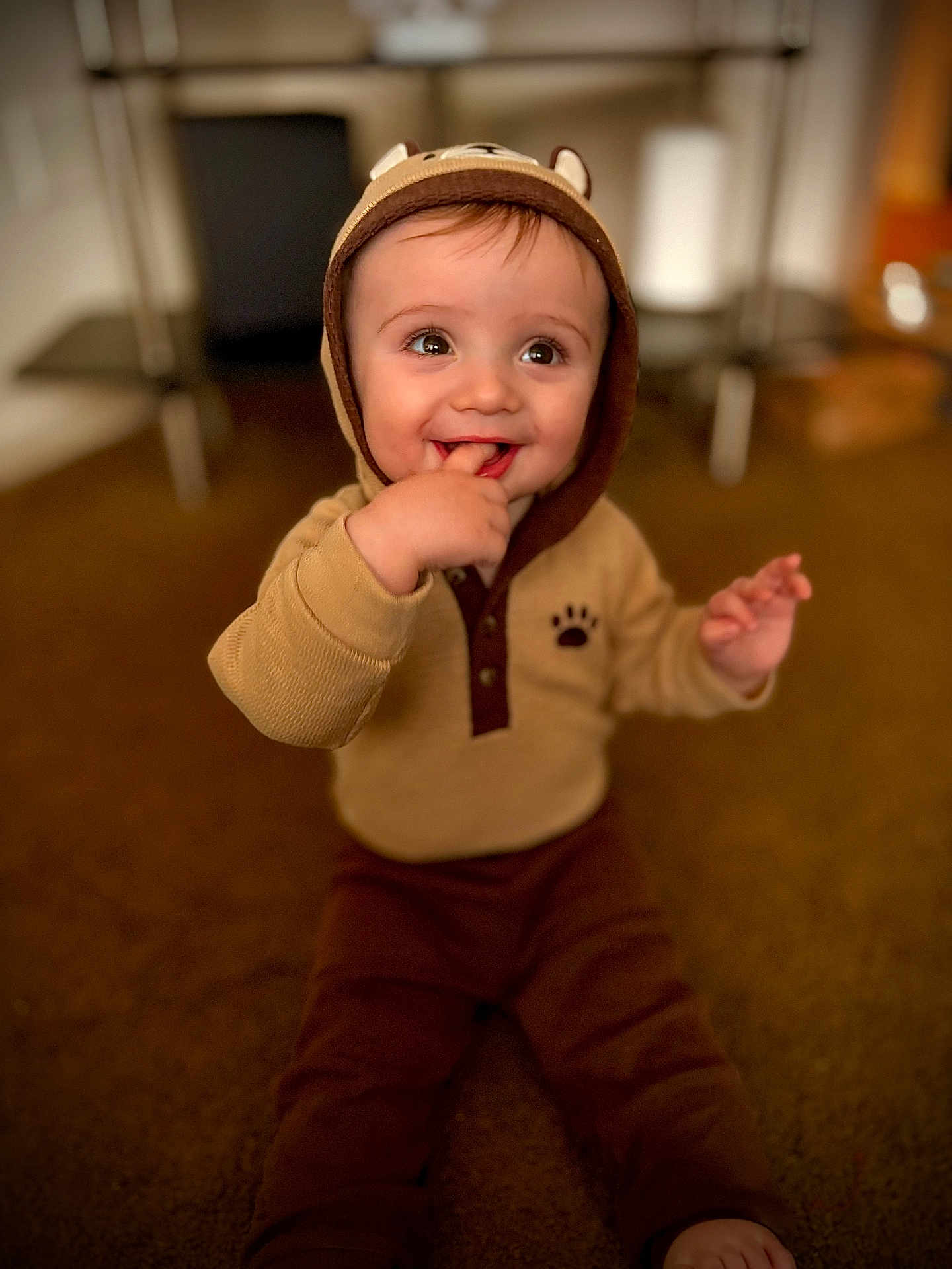 Mazen is registered to the contest to win money with this photo: baby, child, smiling, hoodie, brown_clothing, sitting, carpet, indoor, cute, happy, face, finger_in_mouth, cozy, young_child, portrait, infant, warm_colors, playful, person, soft_focus