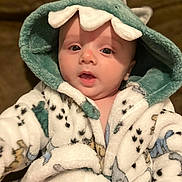 Mazen is registered to the contest to win money with this photo: baby, child, hood, blanket, dinosaur, cute, face, portrait, infant, clothing, warm, cozy, soft, expression, person, indoor, young, wearing, eyes, mouth