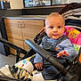 baby, stroller, denim_overalls, indoor, child, curious, person, cabinet, floor, shoe, sock, hand, face, seat, clothing, furniture, window, mesh_screen, expression, light