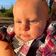 Victor joined the competition — help win amazing prizes! baby, child, face, portrait, blue_eyes, plaid_shirt, outdoor, sunlight, skin, person, infant, cute, nature, clothing, young, closeup, expression, warm_light, holding, casual