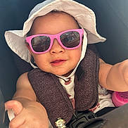 Zinaya is registered to the contest to win money with this photo: accessory, arm, baby, buckle, car_seat, child, close_up, cute, hand, infant, pink_sunglasses, reflection_in_glasses, seatbelt, sippy_cup, smile, stroller, summer, sun_hat, sunglasses, sunshade