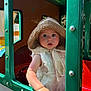 Sofia is registered to the contest to win money with this photo: toddler, child, hat, bonnet, playground, train, window, green, red, curious, face, hand, outdoor, sunlight, portrait, play, clothing, baby, cute, expression