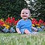 Eli is registered to the contest to win money with this photo: baby, child, grass, flowers, garden, outdoor, greenery, blue_clothing, smiling, sitting, nature, sunlight, flora, happy, portrait, infant, colorful, plants, daytime, cute