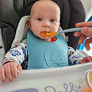 Adriann a rejoint le concours — aidez-le/la à gagner de superbes lots ! baby, baby_food, bib, chicco, child, clothing, container, cute, elephant_design, expression, face, feeding, hand, high_chair, indoor, meal_time, orange_food, person, spoon, table
