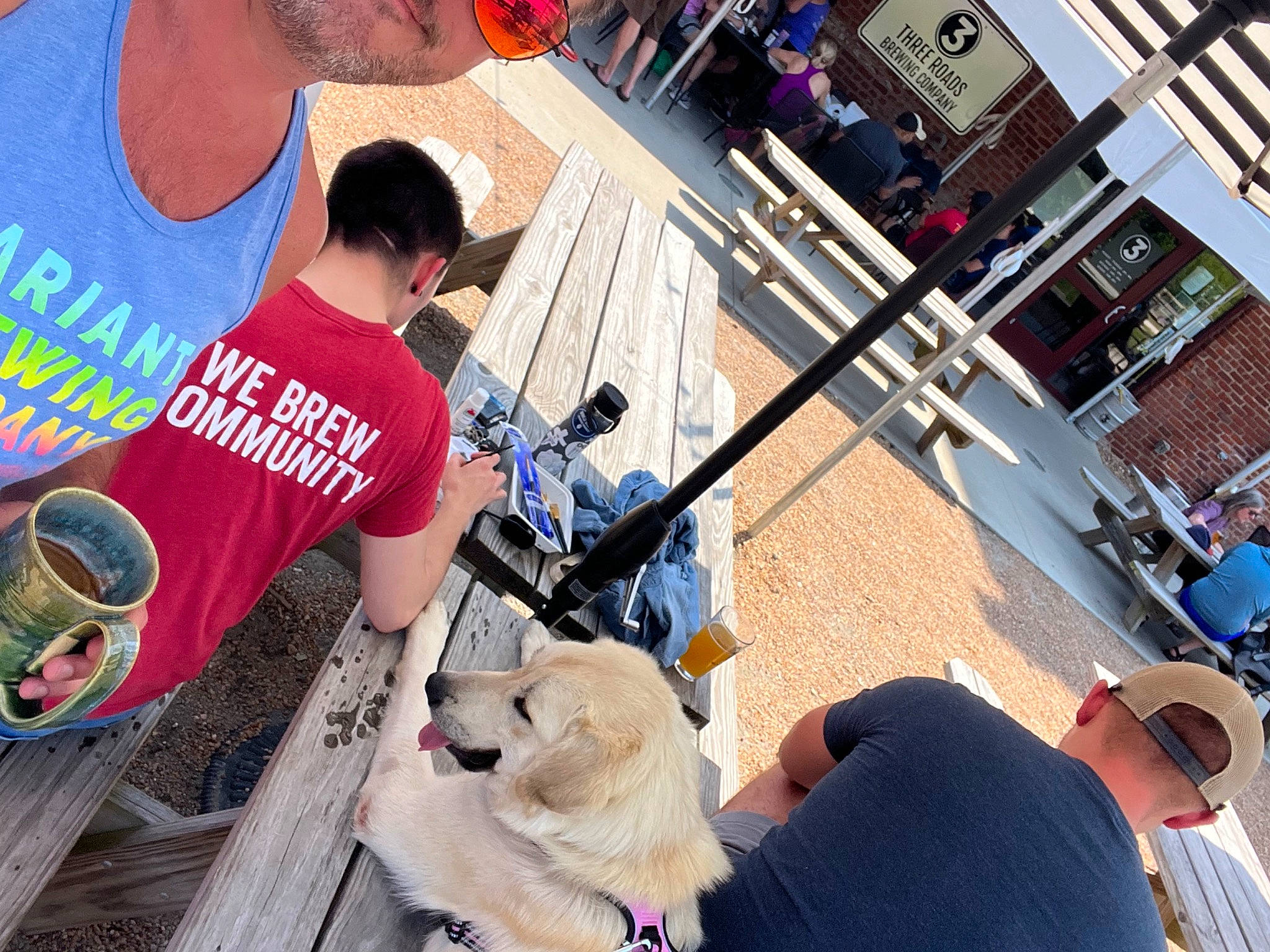 Reba is registered to the contest to win money with this photo: bag, carnivore, chair, city, companion_dog, dog, dog_breed, eyewear, fun, fur, hat, leisure, luggage_and_bags, recreation, sidewalk, sitting, sneakers, street, t_shirt, tableware