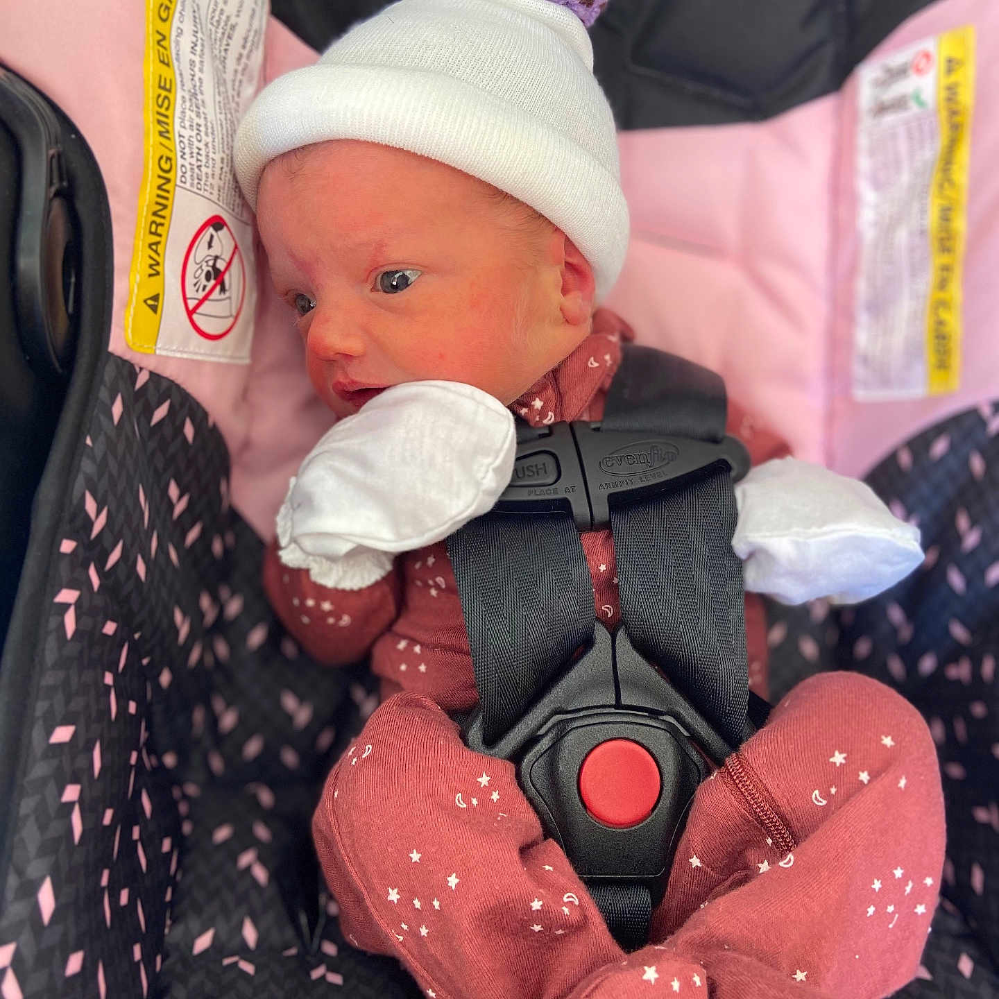 Scarlett joined the competition — help win amazing prizes! baby, blanket, bonnet, car, car_interior, carseat, clothing, coat, face, glove, happy, hat, head, jacket, newborn, person, photography, portrait, transportation, vehicle
