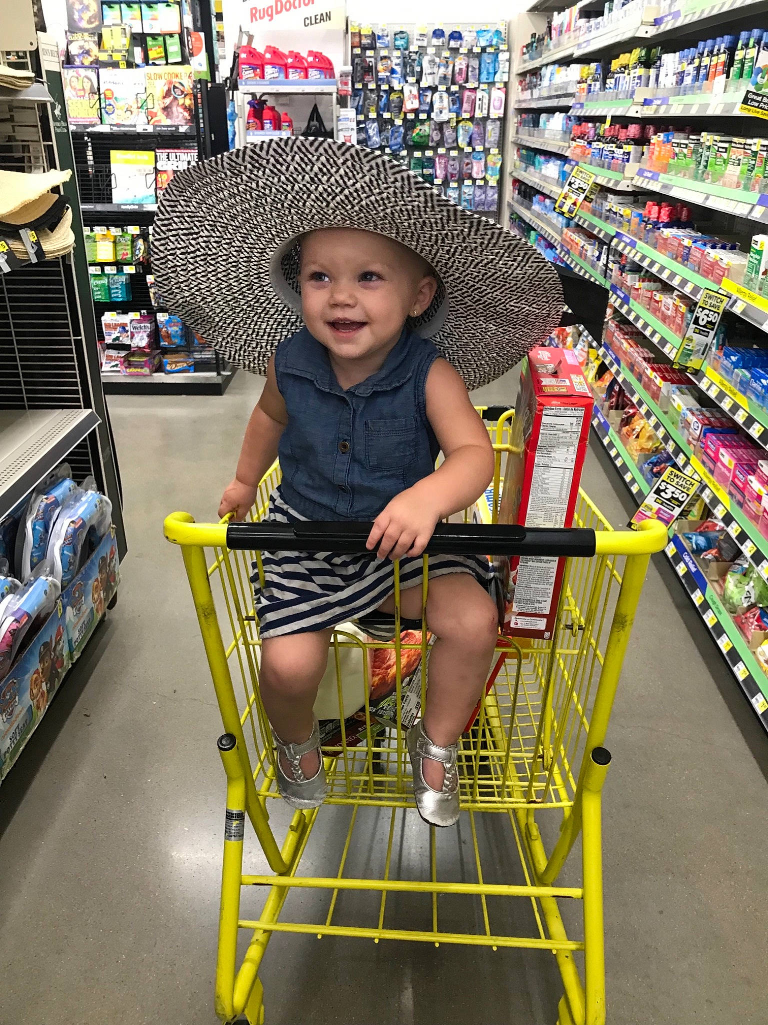 Sailor joined the competition — help win amazing prizes! aisle, building, cart, child, convenience_store, grocery_store, headwear, joy, person, product, retail, service, shopping, shopping_cart, supermarket, vehicle