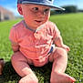 baby, child, grass, outdoor, cap, hat, onesie, barefoot, cute, sitting, sunlight, greenery, summer, portrait, infant, happy, nature, casual, playful, daytime