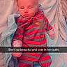 baby, newborn, infant, blanket, clothing, striped_outfit, lying_down, bed, soft_fabric, pink_heart, date_sticker, text_overlay, cute, sleepy, portrait, child, cozy, indoors, person, young