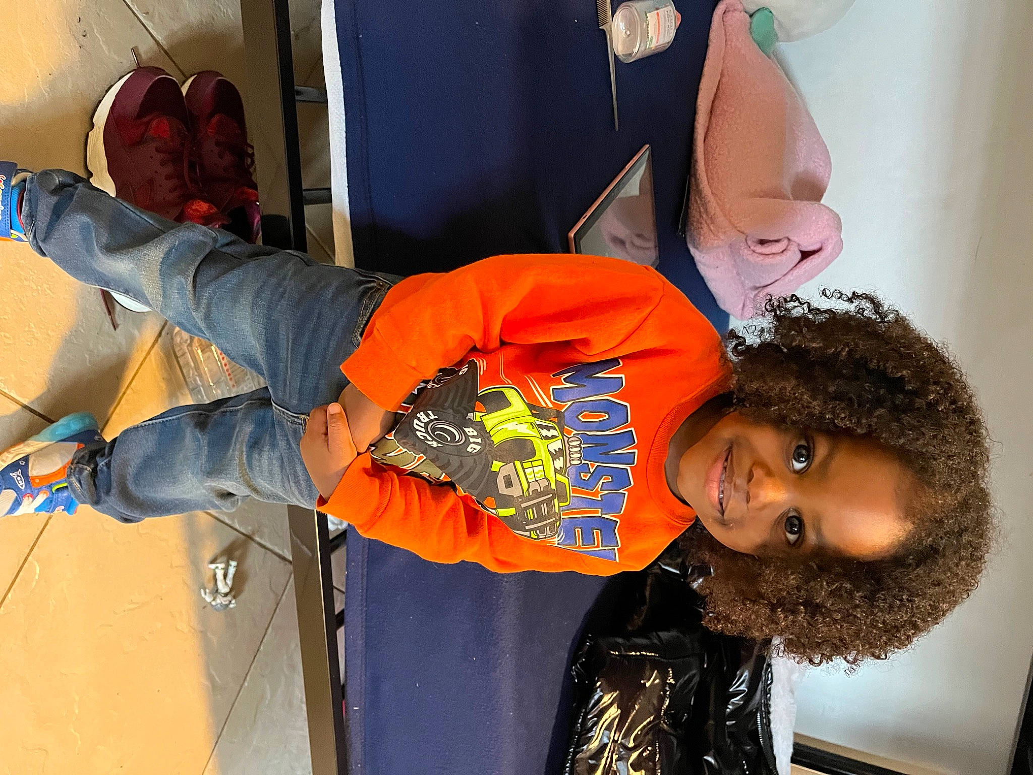 Logan joined the competition — help win amazing prizes! child, denim, fun, happy, joy, leisure, orange, people, person, room, sleeve, smile, t_shirt, toddler, walking_shoe