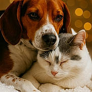 Scott a rejoint le concours — aidez-le/la à gagner de superbes lots ! dog, cat, close_up, sleeping, resting, cozy, blanket, bokeh, warm_lighting, animal_friendship, pet, cute, furry, domestic_animal, companion, soft_texture, relaxing, indoors, snuggling, peaceful