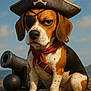 Scott participe au concours pour gagner de l'argent avec cette photo : beagle, dog, pirate, eye_patch, pirate_hat, earring, red_neckerchief, cannon, cannonball, wooden_deck, outdoor, blue_sky, clouds, animal_portrait, costume, pet, sitting, brown_white_black, cute, serious_expression