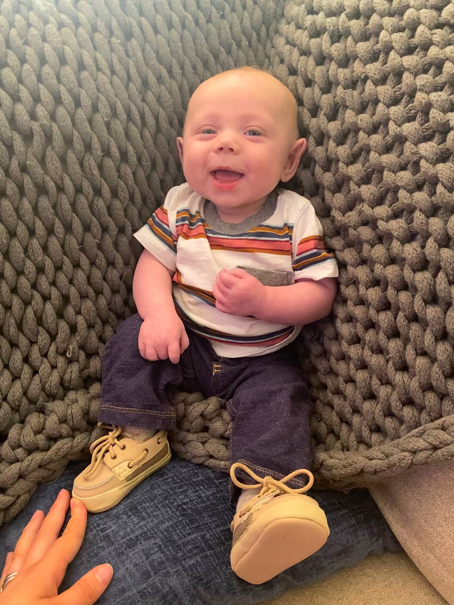 Westyn joined the competition — help win amazing prizes! baby, baby_toddler_clothing, cheek, child, comfort, finger, floor, flooring, hairstyle, happy, knee, lap, pattern, person, shoe, skin, sleeve, smile, standing, toddler