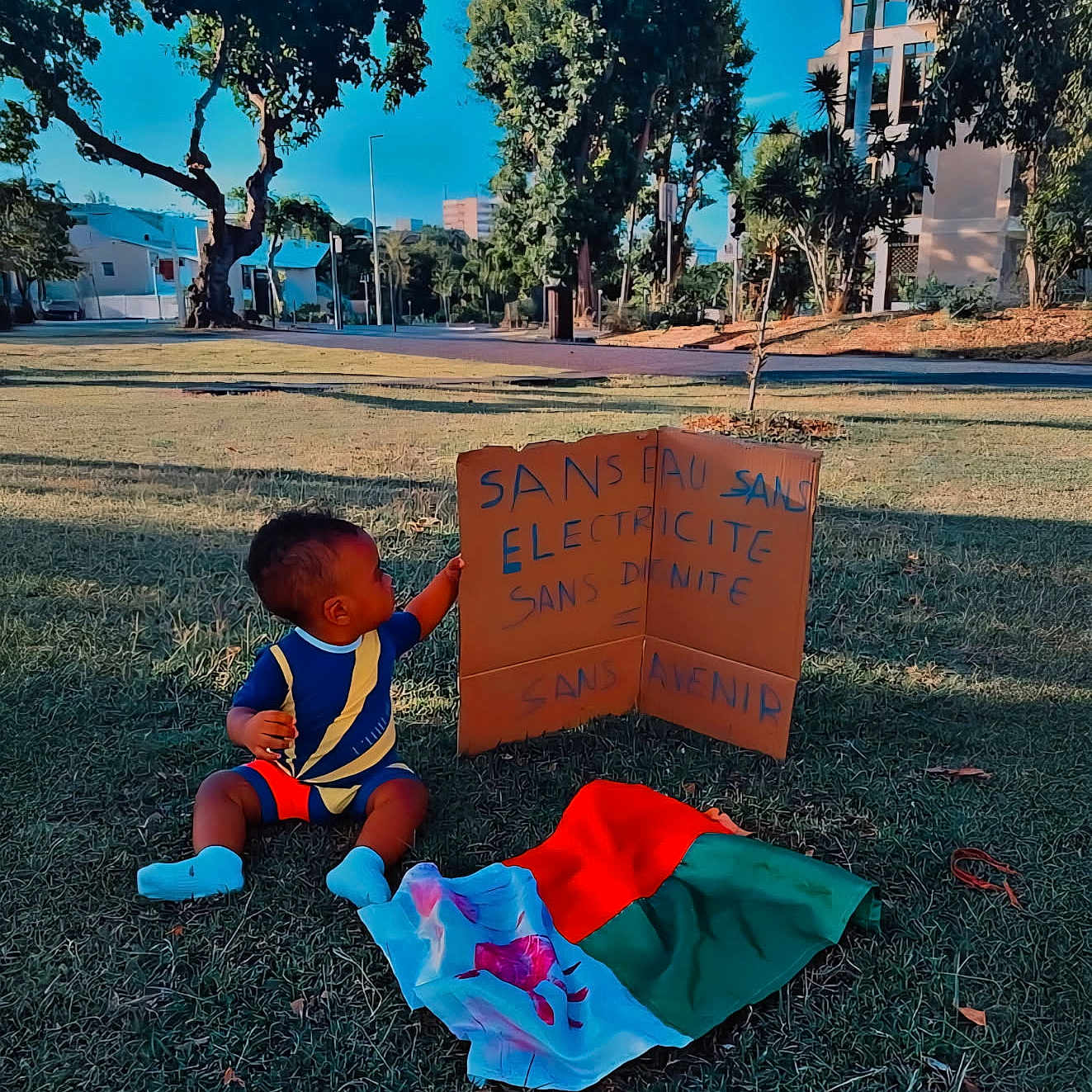 Layhann participe au concours pour gagner de l'argent avec cette photo : blue_sky, cardboard, casual, child, colorful_clothing, curious, daylight, flag, grass, handwritten_text, nature, outdoor, park, playful, sign, sitting, sunlight, toddler, trees, young_child