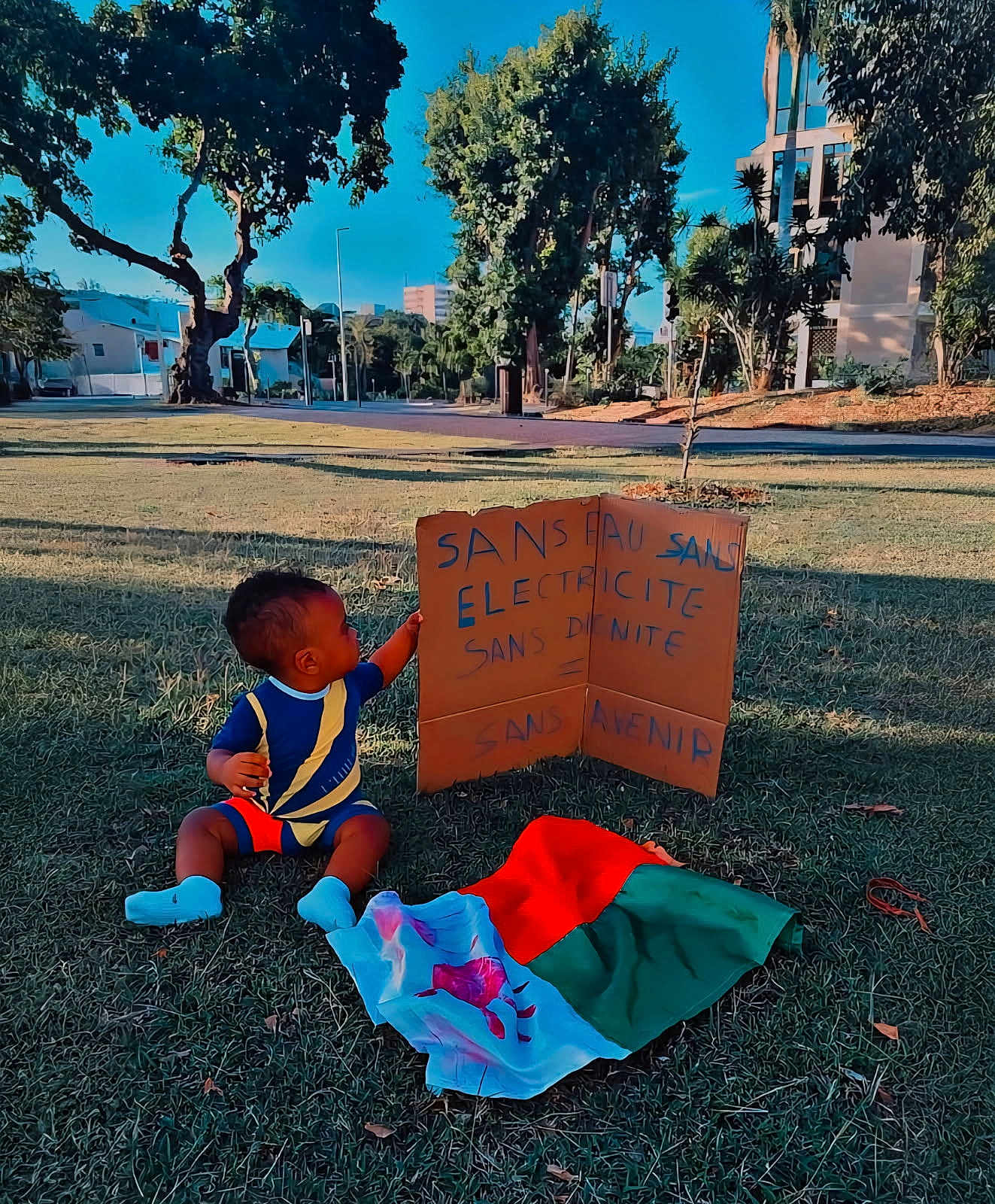 Layhann participe au concours pour gagner de l'argent avec cette photo : toddler, child, grass, outdoor, cardboard, sign, flag, colorful_clothing, blue_sky, trees, park, daylight, sitting, young_child, handwritten_text, nature, sunlight, casual, curious, playful