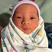 Jakari joined the competition — help win amazing prizes! baby, blanket, child, closeup, cozy, cute, eyes, face, indoor, infant, knit_cap, newborn, newborn_baby, patterned_blanket, person, portrait, sleepy, soft_lighting, swaddled, wrapped
