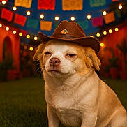 Bentley Lee is registered to the contest to win money with this photo: dog, cowboy_hat, grass, string_lights, night, festive, banners, outdoor, pet, animal, cute, portrait, brown, white, small_dog, hat, celebration, colorful, lights, fiesta