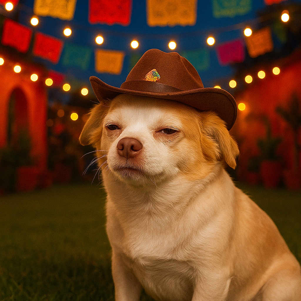 Bentley Lee is registered to the contest to win money with this photo: animal, banners, brown, celebration, colorful, cowboy_hat, cute, dog, festive, fiesta, grass, hat, lights, night, outdoor, pet, portrait, small_dog, string_lights, white