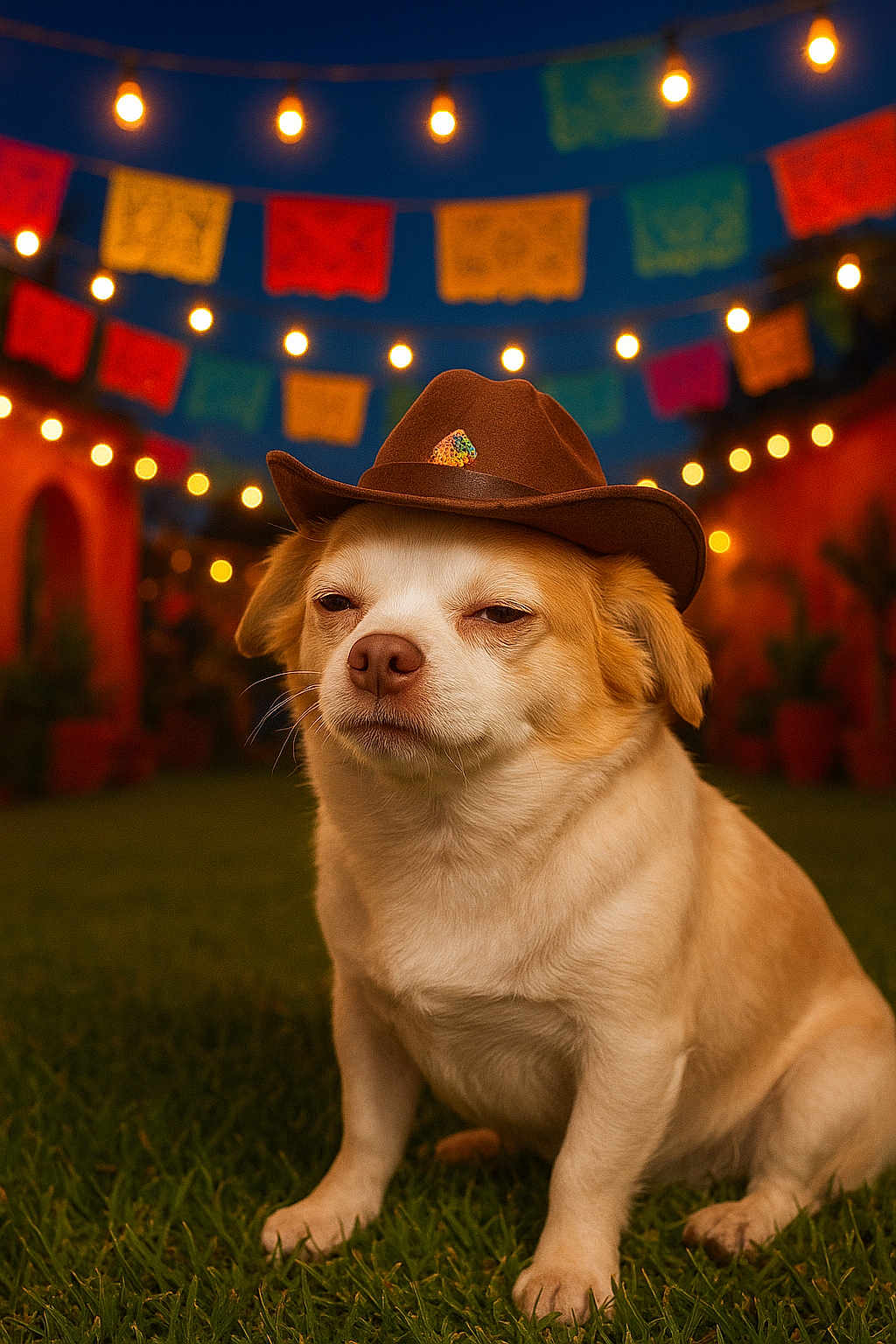 Bentley Lee is registered to the contest to win money with this photo: dog, cowboy_hat, grass, string_lights, night, festive, banners, outdoor, pet, animal, cute, portrait, brown, white, small_dog, hat, celebration, colorful, lights, fiesta