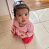 Nova joined the competition — help win amazing prizes! toddler, child, cute, pink_clothing, red_pants, indoors, floor_tiles, wooden_floor, curious_expression, ponytail, baby, sitting, person, face, young_child, casual_clothing, home_interior, small_child, looking_up, hands