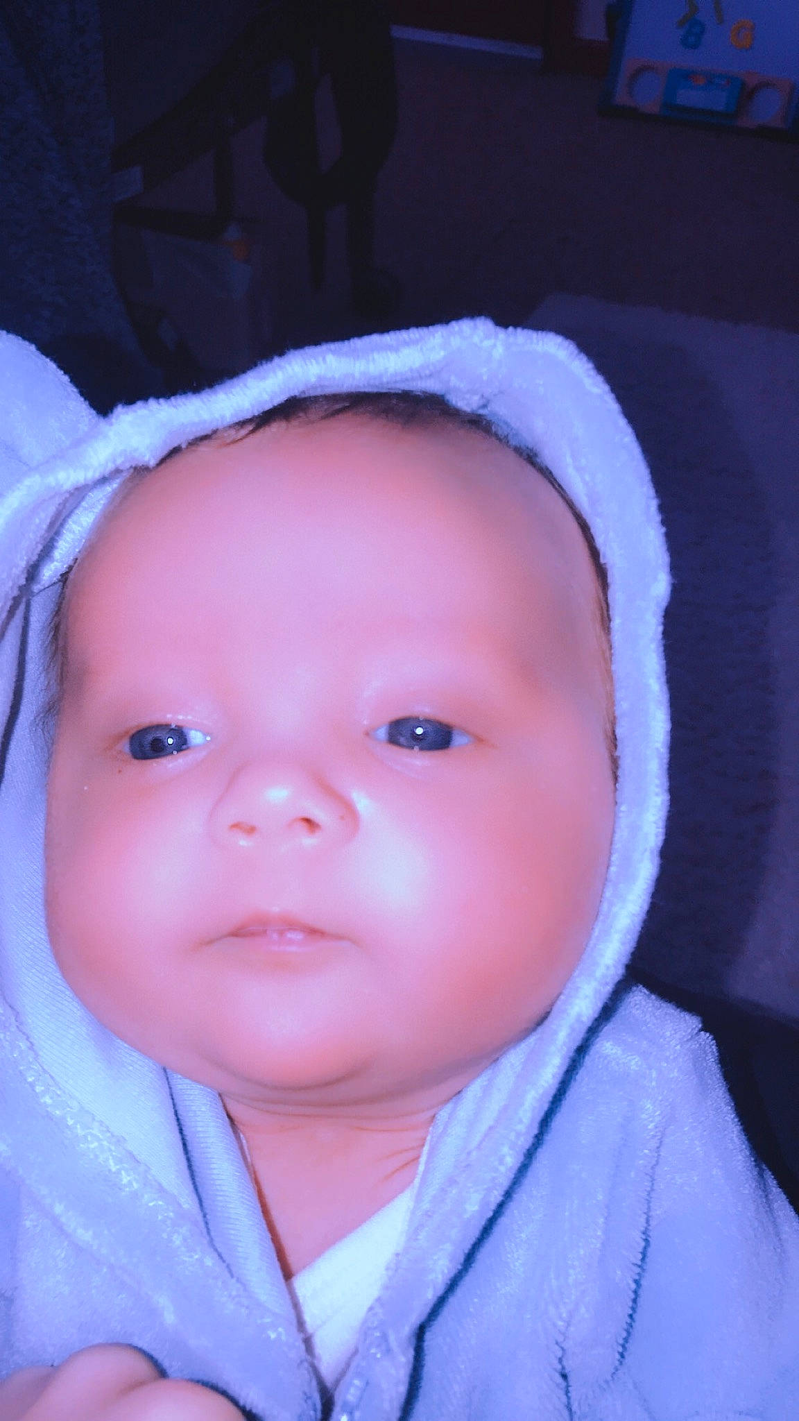 Eastyn is registered to the contest to win money with this photo: baby, baby_toddler_clothing, cheek, child, chin, electric_blue, eyebrow, eyelash, fashion_accessory, flash_photography, happy, iris, lip, magenta, nose, person, portrait_photography, sleeve, snow, toddler