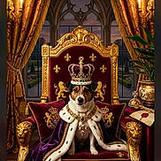Speed a rejoint le concours — aidez-le/la à gagner de superbes lots ! dog, throne, crown, royal_cape, luxury, curtains, window, golden, ornate, portrait, regal, indoor, animal, furniture, decor, sitting, canine, candle, jewelry, king