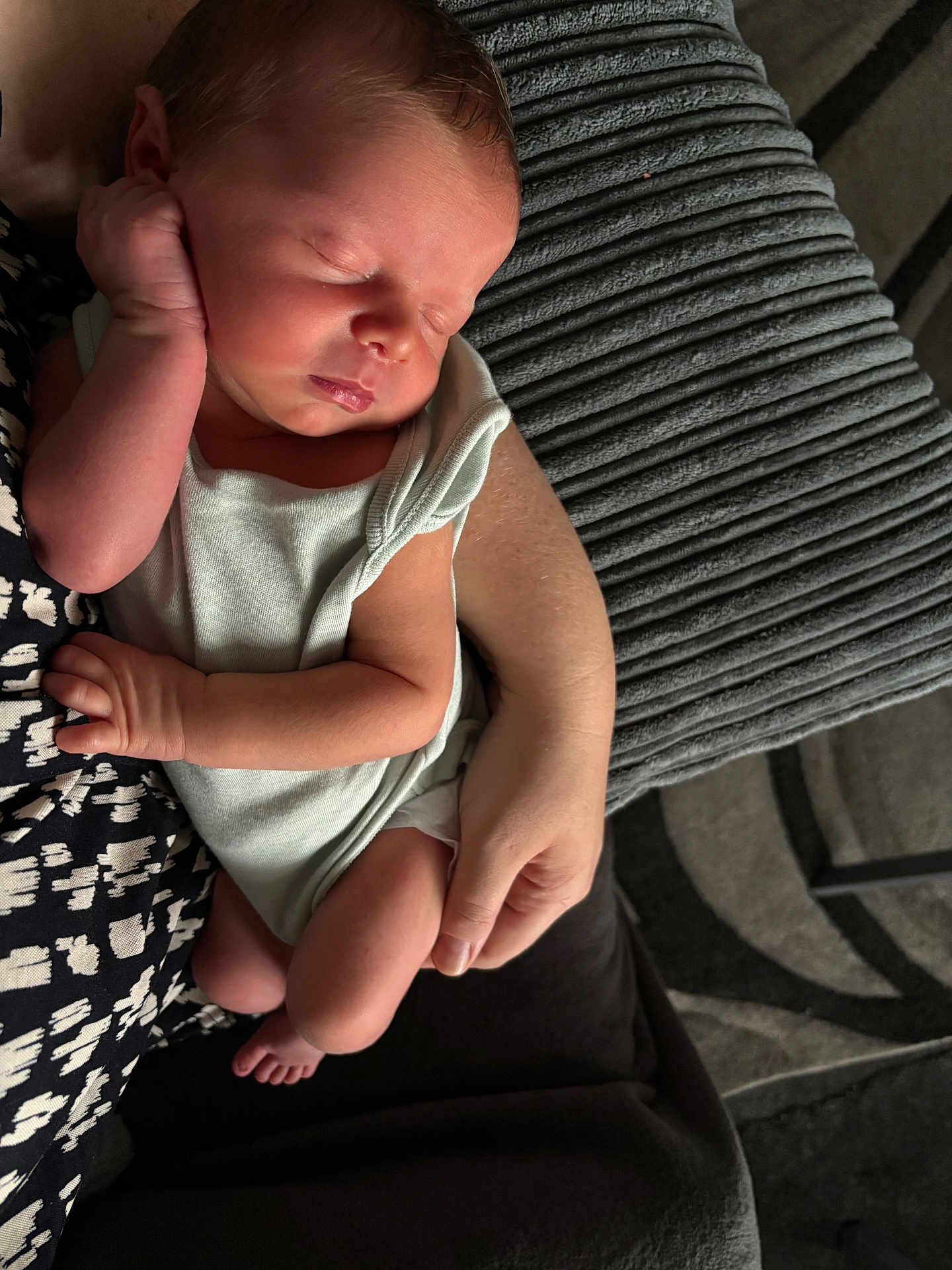Harrison is registered to the contest to win money with this photo: baby, newborn, sleeping, infant, arms, hand, face, cushion, blanket, clothing, person, resting, cozy, indoor, closeup, tender, soft, peaceful, human, skin