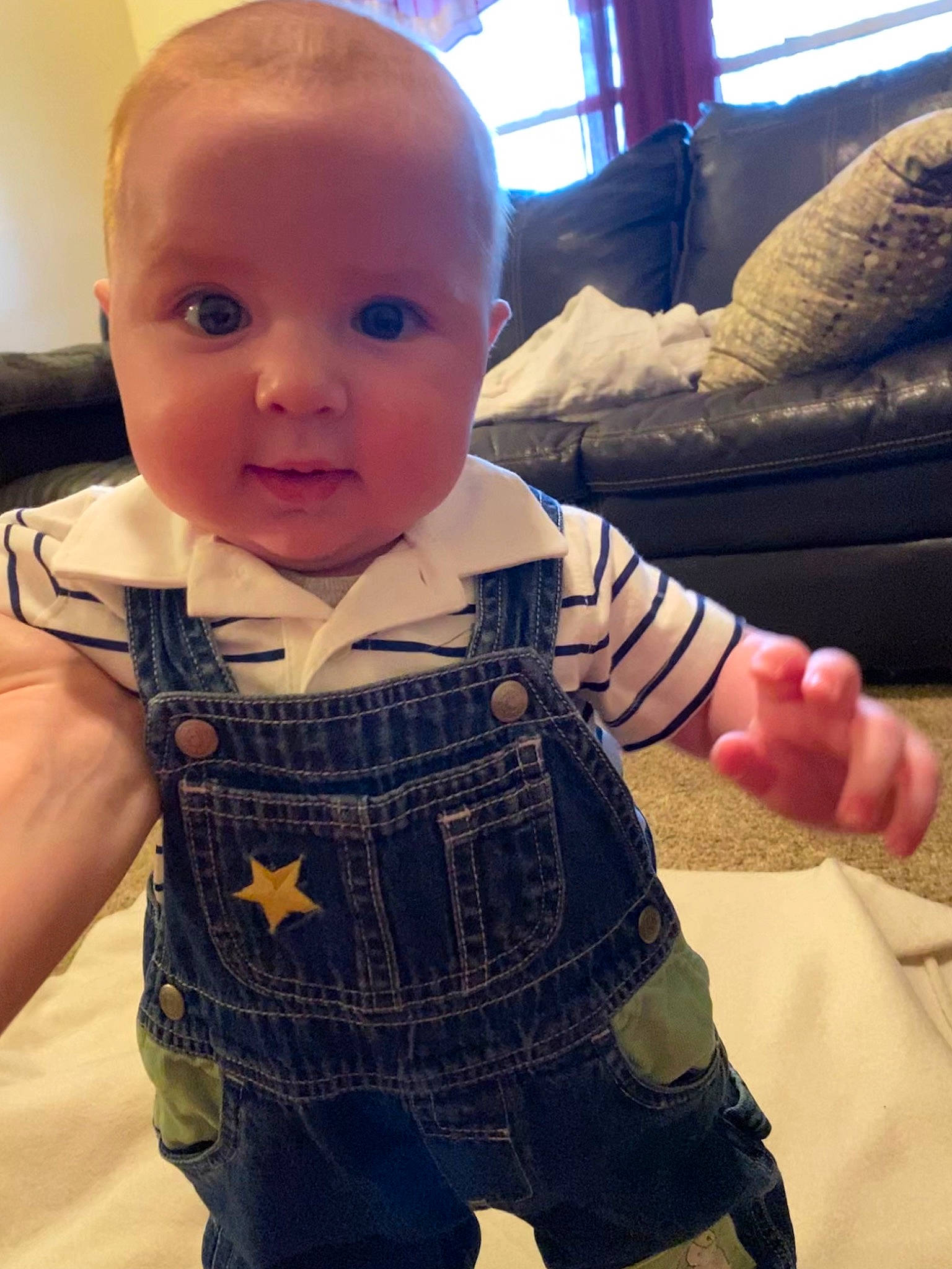 Emerson joined the competition — help win amazing prizes! abdomen, arm, baby, cheek, child, cool, head, jeans, overall, pattern, person, skin, smile, standing, textile, thumb, toddler, trunk