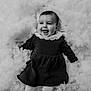 Emy a rejoint le concours — aidez-le/la à gagner de superbes lots ! baby, infant, smiling, black_and_white, dress, lace_collar, cotton, fluffy, soft, portrait, child, happy, laying_down, fabric, texture, cute, toddler, face, clothing, studio