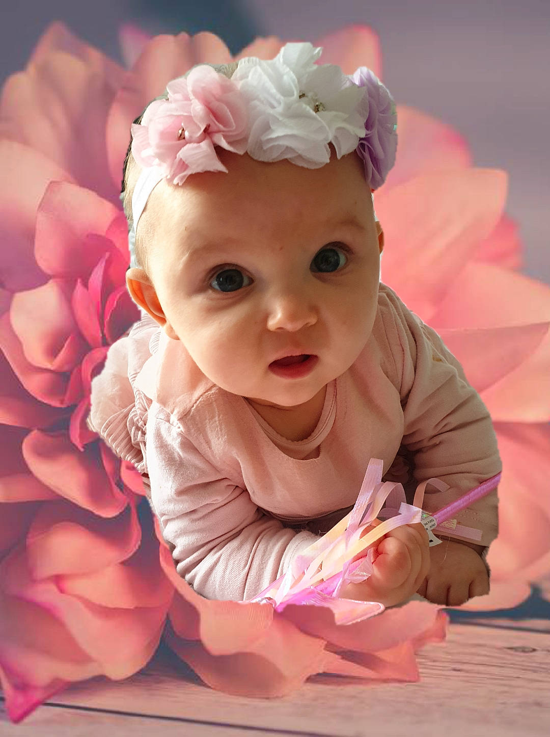 Ambre participe au concours pour gagner de l'argent avec cette photo : arm, baby, baby_toddler_clothing, cheek, child, finger, happy, headpiece, headwear, lip, magenta, peach, person, petal, pink, product, sitting, skin, sleeve, sweetness