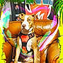 dog, leather_chair, orange_harness, indoor, graffiti, wall_art, green_leaves, palm_leaves, heart_glow, brown_dog, white_paws, seated, portrait, colorful, vibrant, pet, animal, furniture, decor, casual