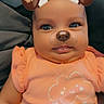 Amiyah Renee joined the competition — help win amazing prizes! baby, infant, child, portrait, close_up, smiling, happy, face, dog_filter, animal_ears, animal_nose, orange_clothing, onesie, cloud_design, bedding, indoors, sitting, looking_at_camera, digital_filter, cute