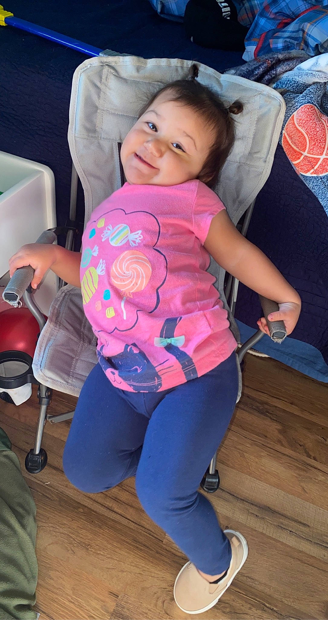 Addalynn is registered to the contest to win money with this photo: active_pants, baby_toddler_clothing, child, comfort, fun, happy, joint, leg, leisure, magenta, person, pink, purple, shoe, sleeve, smile, t_shirt, thigh, toddler, trunk